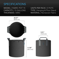 Heavy Duty Reusable Fabric Pots | 15 Gallon | 5 Pack