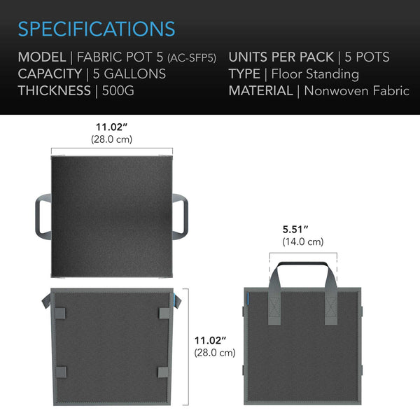 Heavy Duty Reusable Square Fabric Pots | 5 Gallon | 5 Pack
