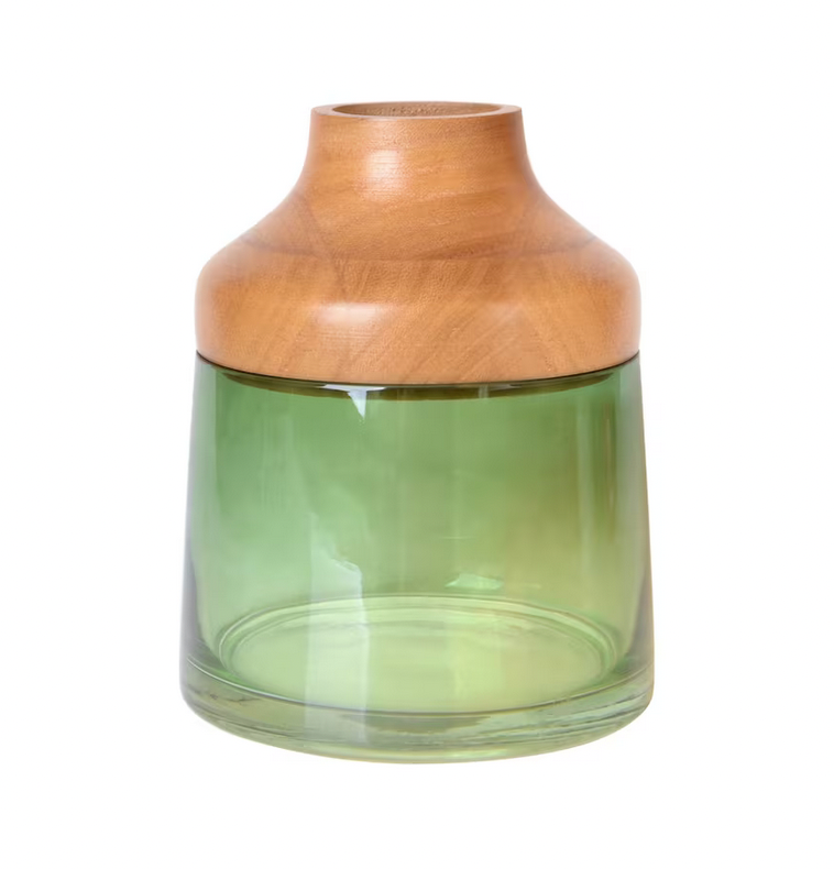 7" Wood Top Green Glass Vase